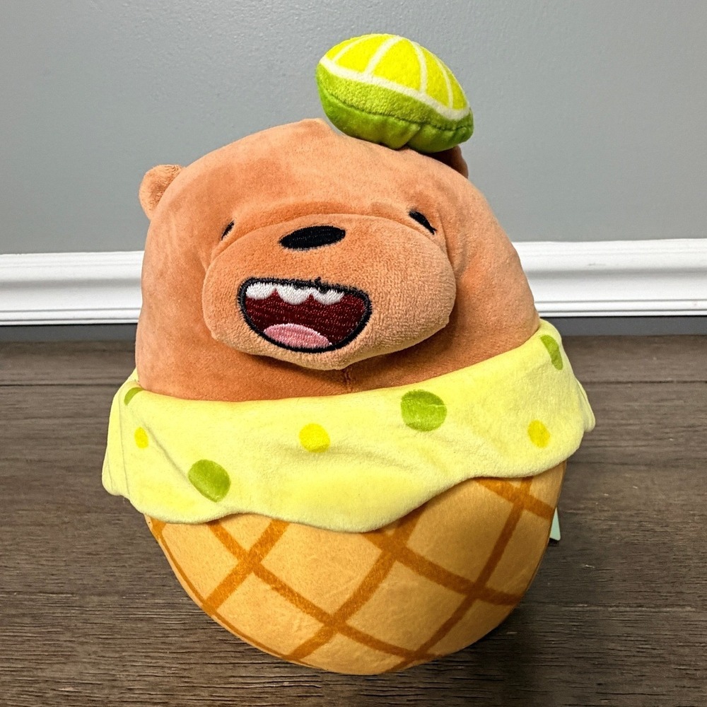 Miniso We Bare Bears Dessert Grizzly Bear Plush Waffle Cone Lime 8" Brown CN Toy